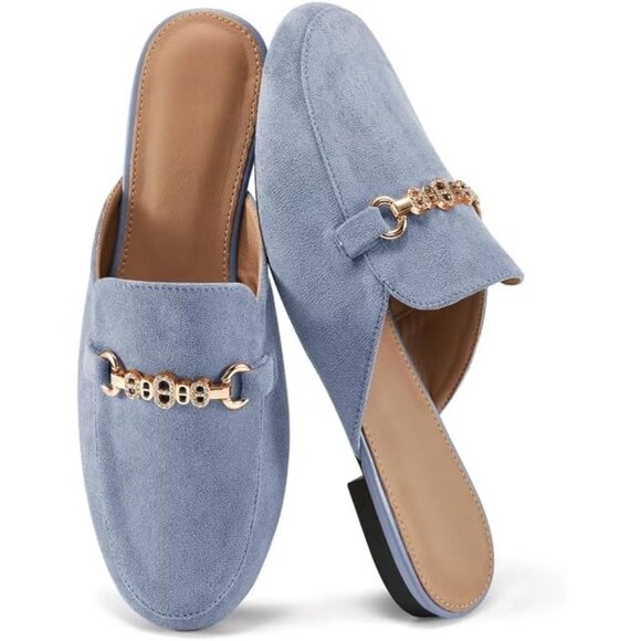 〽️Womens Blue Suede Mule Flats Buckle Slip On Closed Toe Backless Loafers